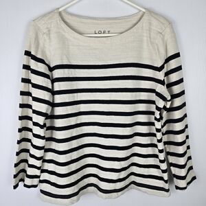 Loft 100% Cotton Striped 3/4 Sleeve Top Black And Cream Casual Size L